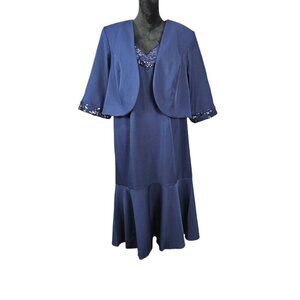 Maya Brooke Two-Piece Sleeveless And Crop Navy Blue Sequins Jacket Dress